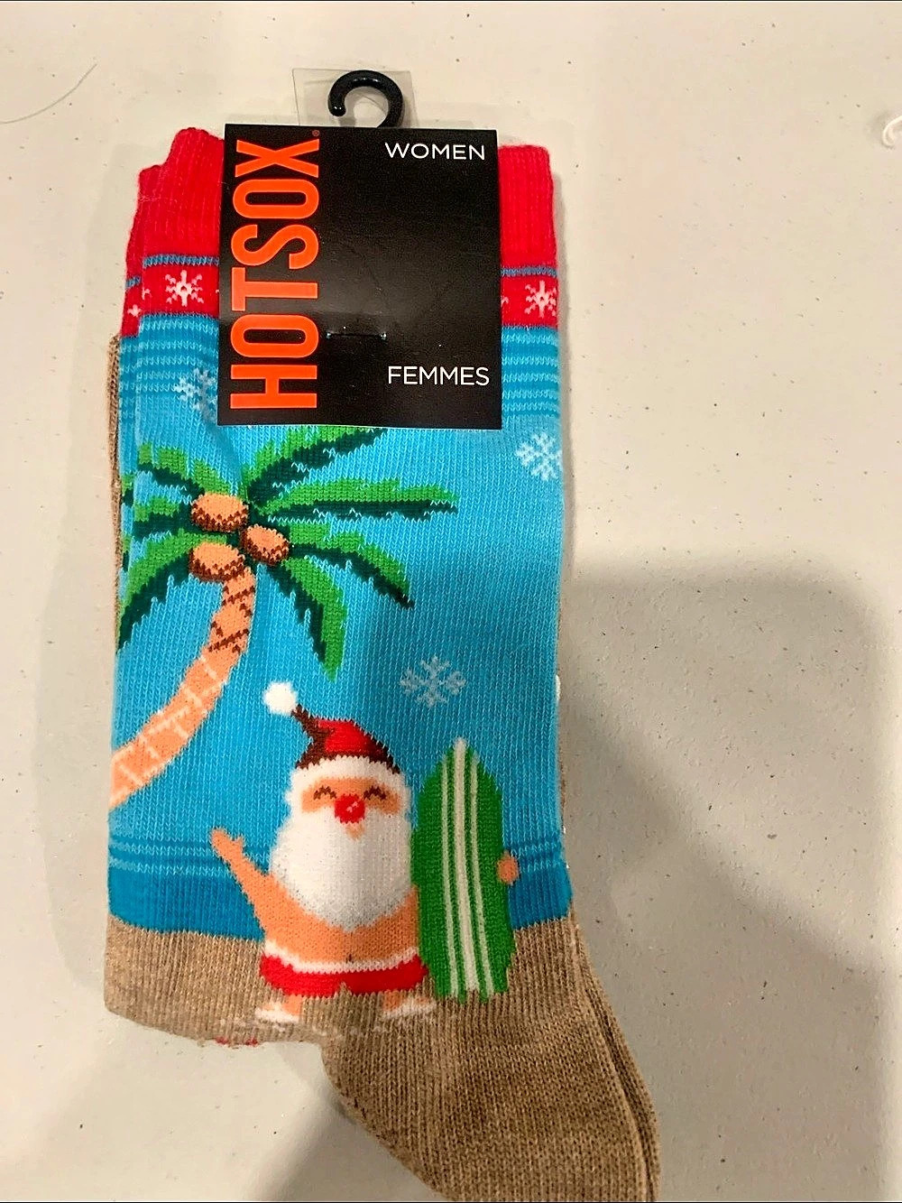 Hot Sox Surfing Santa Crew Socks Blue & Brown NWT